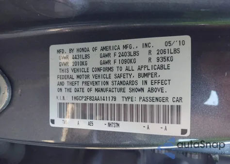 2010 Honda Accord 2.4 Ex-L z USA, uszkodzony, nr VIN 1HGCP2F82AA141179